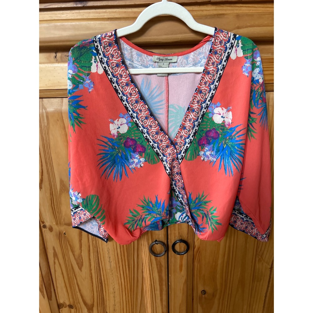 Flying Tomato Coral Tropical Floral Cropped Surplice Top Kimono Sleeve Small